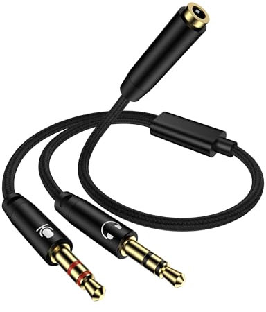 Headphone Mic Splitter for PC, Braided 3.5mm Female to 2 Dual Male Audio Adapter 2-in-1 Y Separator Aux Dongle Converters Cable Cord Compatible with Headset Microphone Gaming Computer Speaker Laptop
