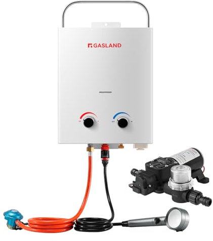 GASLAND AS132 Pro Tragbarer Gas-Durchlauferhitzer, 28-30mbar(Butan) oder 37mbar(Propan), 5L lpg Gas-Wassererhitzer mit Wasserpumpe und Rohrsieb für RV Camping Dusche Waschen Pferd