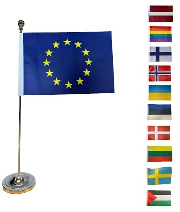 Bordsflagga med Ställ – Tygflagga 21 x 14 cm på Metallstång, 38 cm Bordsflagga med Stativ, Utbytbar Nationalflagga för Skrivbord, Skola, Evenemang och Dekoration – Flera Länder Tillgängliga