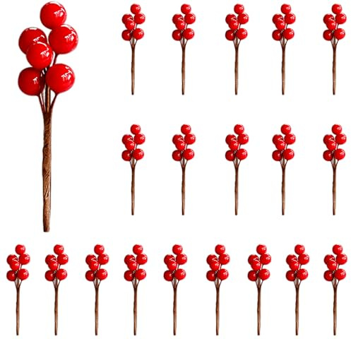 RXXR 20 Zweige Rote Stechpalmenbeeren-Stiele, künstliche Beeren Picks Weihnachtsbeeren Dekor für DIY Girlande, Geschenkverpackung und Weihnachtskranz Ornamente