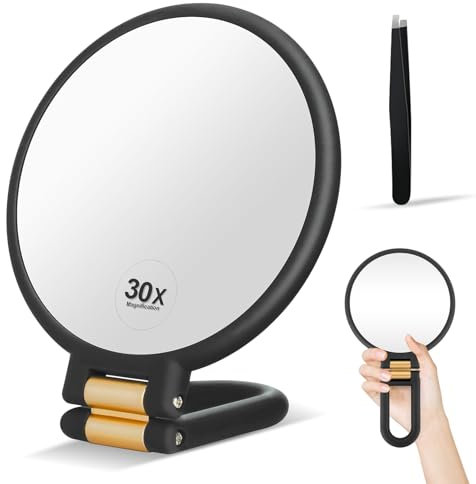 QILUCKY 30X/1X Double Sided Hand Mirror, Portable Foldable Travel Makeup Mirror for Fine Makeup of Women's Eyes