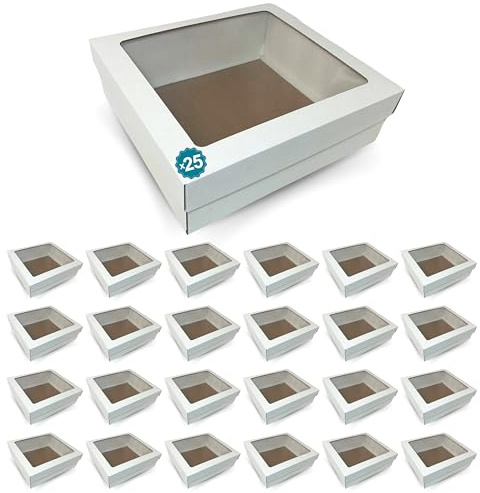 25 Geschenkboxen aus weißem Karton, 350 x 320 x 105 mm, mit transparentem Fenster | perfekt für personalisierte Geschenke: Weihnachten, Geburtstag | Souvenirs, Gebäck, Kuchen, Cupcakes