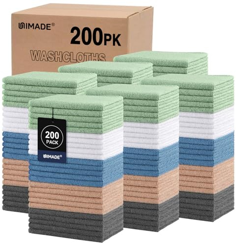 UNIMADE Washcloths Bulk 200 Pack Face Towels (12 x 12), Highly Soft Wash Cloths and Hand Towels, Fast Drying Multi-Purpose Microfiber Cleansing Cloths for Bathroom, Hotel, Spa, and Salon -Multicolor