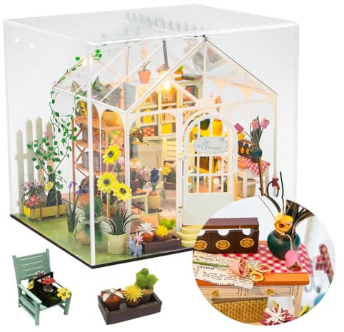 Kit per casa delle bambole, serra fai da te in miniatura, con luce LED, modellino in legno per adulti, casa dei fiori, regali per amici (con copertura antipolvere)