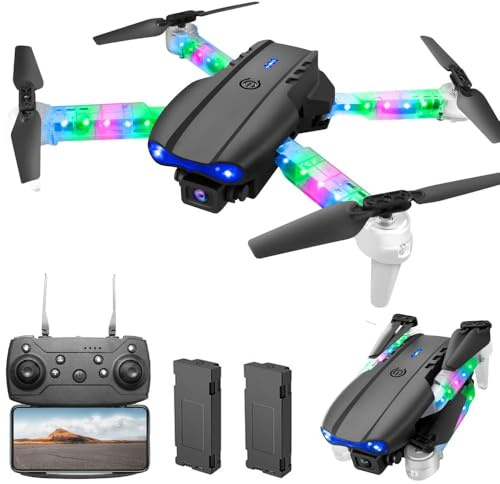 OBEST drönare med kamera 1080P med LED-lampor för barn och vuxna, vikbar quadcopter med WiFi-överföring, en nyckelstart/landning, 3D-flips, 2 batterier, drönarleksak, presenter för pojkar flickor