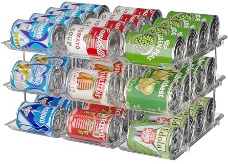 ACSTORi Canned Goods Organiser for Cupboard Automatic Rolling and Adjustable Height And Width, CLear 3 Tier Soup Can Organiser Holds Up to 36 Cans for Kitchen Cabinet or Refrigerator