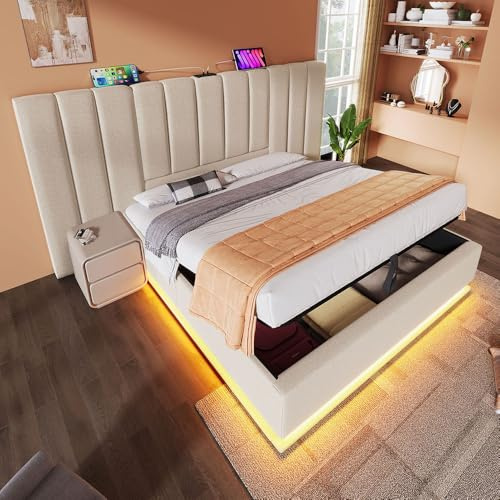 Sweiko Lits rembourrés 180×200 cm, Lits hydrauliques avec sommier à Lattes, Cadres de lit pour Adolescents et Adultes avec LED et Ports USB-C (no Matelas) Beige