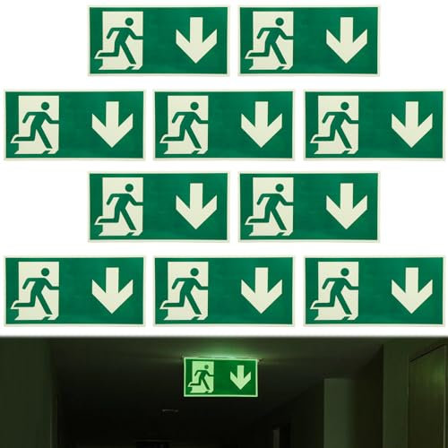 WANDGU 10 Stück Notausgangsschild Nachleuchtend: 15 x 30 cm Selbstklebend Fluchtwegschilder Nachleuchtend, Hochwertiges Schild Notausgangsschild Pfeil Unten, Hohe Helligkeit, PVC Selbstklebend