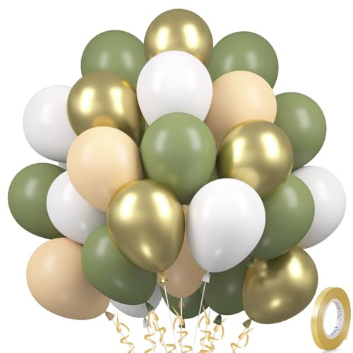 30 ballons vert or, ballons vert sauge, set de ballons verts, rétro vert or blanc métallisé ballons latex pour anniversaire bébé shower mariage tropical safari party deco