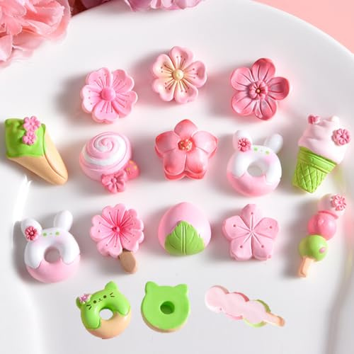 FOLANDO Miniatur - Set di 24 mini decorazioni per torte, gelato rosa, macaron, ciambella, fiori di ciliegio, pesca, accessori per capelli fai da te, clip per capelli, custodia per telefono