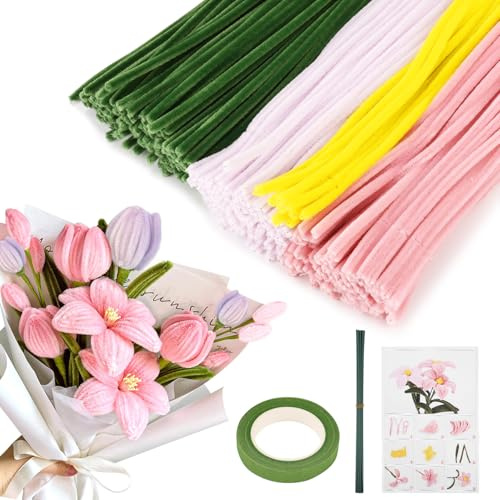 FAOKZE 310 Stück Pfeifenreiniger, 4 Farben Pfeifenreiniger,pfeifenreiniger blumen set,pfeifenputzer zum basteln für Basteln und Dekorieren,mit Anweisungen,Bänder und Geschenkpapier