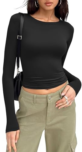 MOLERANI Women's Slim Fit Crop Tops Long Sleeve Solid Color T-Shirt Y2K Crew Neck Ladies Tops Black L
