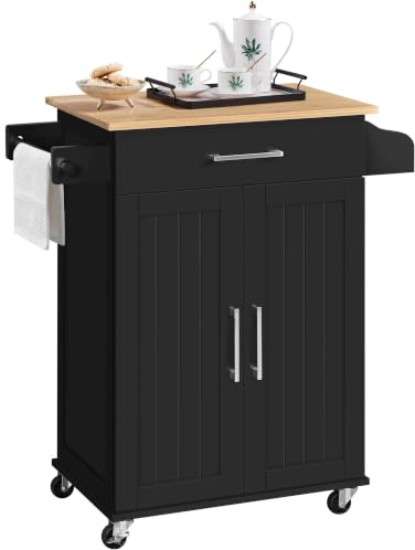 Yaheetech Kitchen Island Storage Trolley Cart with Bamboo Worktop Black