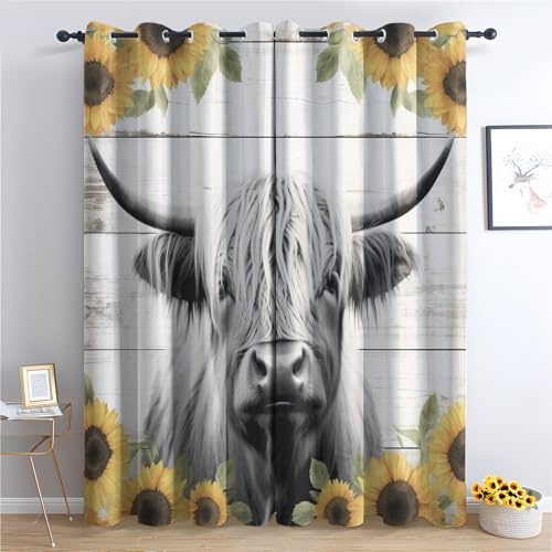 QEODAH Hochlandrind Vorhänge Rustikaler Bauernhof Tier Sonnenblume Verdunklungsvorhänge, Vorhang Blickdicht Gardinen mit Ösen, Schlafzimmer Wohnzimmer Deko, Thermovorhang 2er Set H 137 x B 117 cm