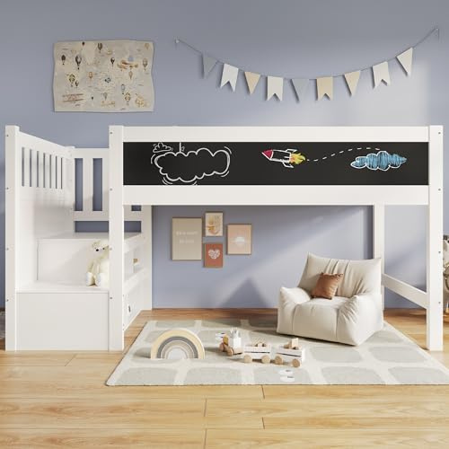 Merax Kinderbett Halbhochbett 90x200 cm, mit Whiteboard&Tafel für Kinder, Hochbett mit Treppe Staufach Stauraum-austauschbar, Lattenrost und Rausfallschutz, Ohne Matratze, Weiß/253x97x112cm