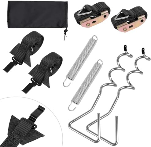 TUAKIMCE Heavy Duty Awning Tie Down Kit Storm Straps Kit for Caravan Motorhome Awing Storm Protection, Complete Set with Bungee Straps, Springs & Spiral Ground Anchors