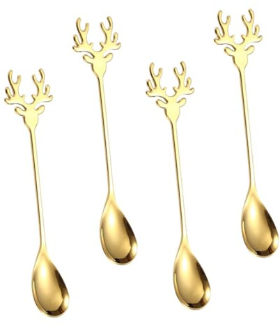 iplusmile Juego de 4 Cucharillas de Café de Acero Inoxidable 304 Doradas Diseño de Alce Cucharillas de Espresso Mango Alargado para Té Postres y Uso Casa o Cafetería