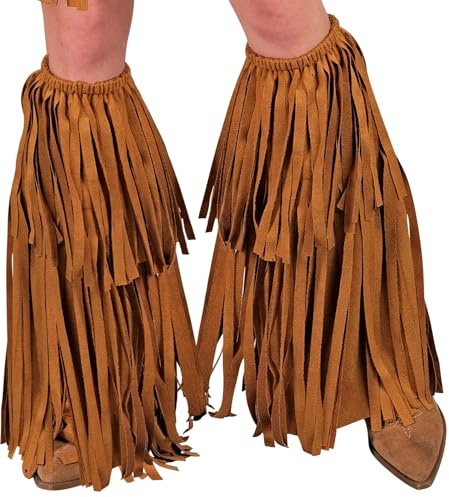 Beinstulpen mit Fransen im Wildleder-Look – Braune Stiefelcover für Indianer & Cowboy Kostüm, Dein perfektes Accessoire für 70er Jahre Hippie, Karneval & Mottoparty
