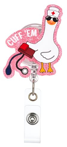 Goose Badge Reel, Pink Cuff 'Em Nurse Badge Holder, Cute Funny Badges Reels | Retractable, with Alligator Clip, for Nursing Rn LPN CNA Ma, Medical Office Worker, Teacher, Doctor