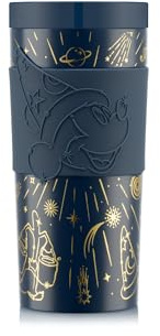Bodum Travel Mug Disney Fantasia Vacuum Travel Mug, 350ml Double-Wall Stainless-Steel Coffee Cup with Silicone Grip and Drinking Lid, Black and Gold, 11093-810-DSN
