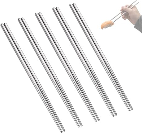 JIXLOUR Palillos chinos de acero inoxidable 304, reutilizables y multicolor, ligeros y aptos para lavavajillas, juego de 5 pares (plata)