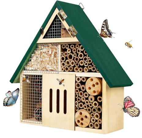 Bienenhaus – 25 cm großer Insektenschutz aus Holz, wetterfeste Außendekoration, natürlicher Lebensraumkasten | Bestäuber-Niststation für, Balkon, Terrasse, Innenhof, Park, Bauer