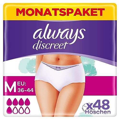Always Discreet Inkontinenz Pants Gr. M, Normal, 48 Höschen (4 x 12 Stück) für Damen, Monatspaket, schliesst Gerüche und Flüssigkeit sofort ein
