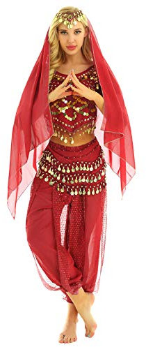 Agoky Damen Bauchtanz Kostüm Set Halloween Mottoparty Indische Prinzessin Outfit Münzen Top mit Pluderhosen Hüfttuch und Kopftuch Rot Einheitsgröße