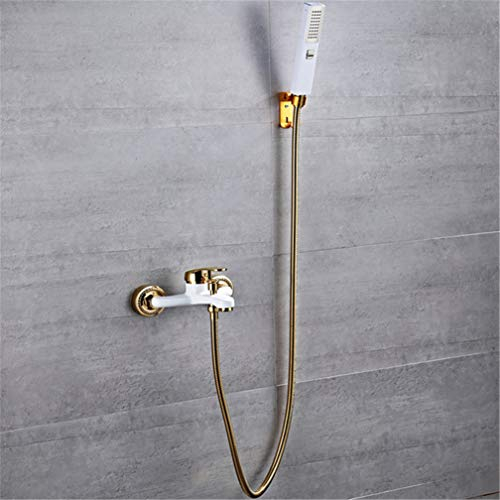 UZSYLE Wand- Black & Gold Farbe Bad & Duscharmatur Wasserfall Auslauf Mit Handbrause Weiß & Gold Heiß- Und Kaltwasser-Mischer-Hahn, Weiß Und Gold A