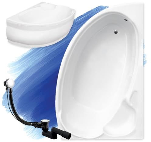 BADLAND Badewanne Original Weiß Acryl Wanne Eckbadewanne FINEZJA 170x110 Rechts KOMPLETTSET SET mit Weiß Acrylschürze + Füßen und Exklusive Chrom Automatik Ablaufgarnitur Made in EU 4in1