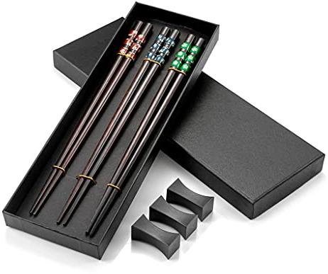 Hongyantech Juego de 3 pares de palillos para amantes + 3 palillos de madera natural en elegante caja de regalo, palillos chinos, palillos japoneses de madera