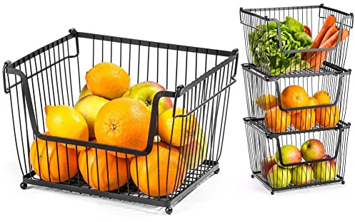 Vilde Obstkorb Etagere - Rechteckiger Metallkorb 31x26x22cm - Obst- und Gemüsekorb im Industriestil - Schwarz Pulverbeschichtet - Vielseitige Aufbewahrung - Praktische Griffe & Kugelfüße