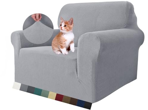 MAXIJIN Super Stretch Stuhlbezüge für Wohnzimmer, 1-teiliger Universal Stuhlbezug mit Armlehnen Jacquard Spandex Stuhlschutz Hunde Haustierfreundliche Sofa Couch Sesselbezug (1 Sitzer, Silber-Grau)