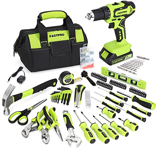 FASTPRO 232-Piece Home Tool Set with 20V Cordless Drill Driver, Household Repairing Tool Kit with Drill, 12-Inch Wide Mouth Storage Bag Included, Green
