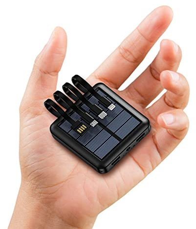 Ruirtarci Small Black Solar Charger Power Bank,15000mAh Solar Power Bank with Built in 4 Cables,USB C Input/Output,Battery Portable Charger Power Bank for CellPhones, Tablets, Electronic Devices