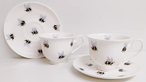 Rainbow Decors Bees Lot de 2 tasses à thé et 2 soucoupes en porcelaine anglaise Motif bourdon