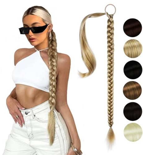 NASHRIO Braid Extensions Pferdeschwanz Mit Gummiband，Gerade Umwickelter Pferdeschwanz Zöpfe, 80 cm Lang Ponytail Geflochten Kunsthaar Haarverlängerung für Damen Mädchen Pferdeschwanz, Aschblond