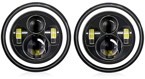 Shkalacar 7inch LED Headlight H4 140W Angel Eyes Round Headlights 4 Modes 14000LM 6000K White/3000K Amber Car Motorcycle Headlight Auto Ring Lights IP67 Waterproof 2pcs