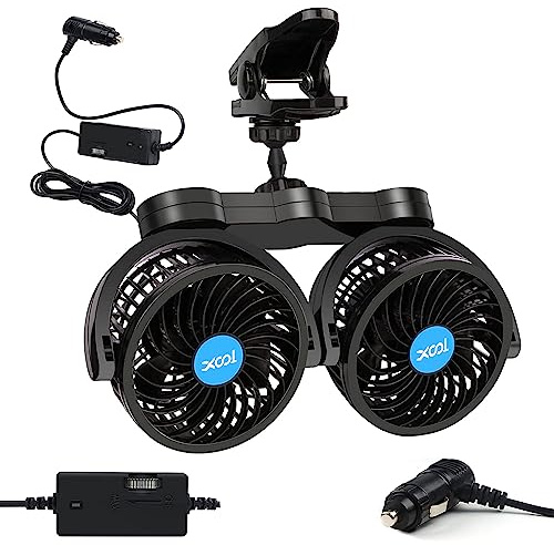 XOOL Ventilateur Voiture Double Tête 12V, Ventilateur Compact à Fixation Pince pour Siège Avant et Arrière, Rotation 360°, Réglage Progressif de la Vitesse, pour Voiture, SUV et Camping-Car