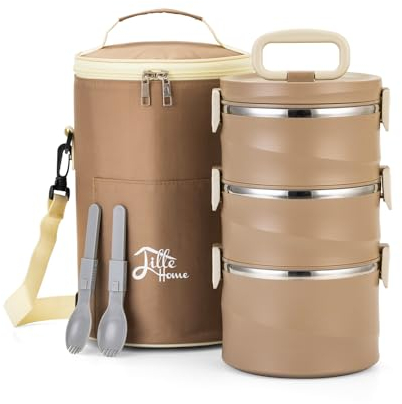 Lille Home stapelbare Lunch-/Snackbox aus Edelstahl mit Thermofach, 2600 ml, isolierter Bento-/Lebensmittelbehälter mit 3 Ebenen und Lunchtasche