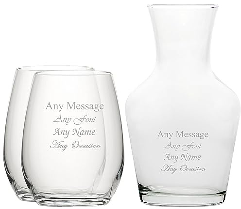 Personalised Engraved Set of 2 Stemless Wine Glass and 500ml Vin Carafe Set, Customise with Any Message for Any Occasion, Stylize from a Variety of Fonts, Gift Boxes Included, Laser Engraved