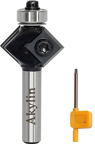 AKYLIN Fraise à Chanfreiner à Plaques Réversibles - Tige 8 mm, Lame Interchangeable 4 Côtés, Avec Roulement à Billes - Pour Défonceuse, Bois, 45 Degrés
