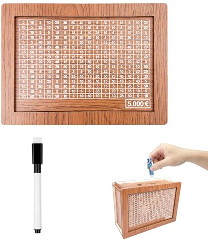Fousenuk Hucha de Madera con Contador, Caja de Dinero con Objetivo €5000 de Ahorro y Números para Marcar, Cajas de Ahorro con Marcador para Ayudar a Los Niños a Desarrollar el Hábito de Ahorro
