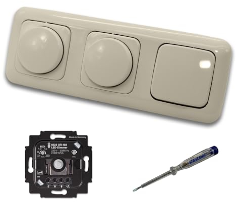 Busch Jäger 6523UR-103 (2 x) LED Drehdimmer Dimmer + Dimmerscheiben 2115-212 und Kreuzschalter 2000/7 US in DURO2000 cremeweiß glänzend inklusive EBROM Phasenprüfer zur Montage der Geräte 6523 UR-103