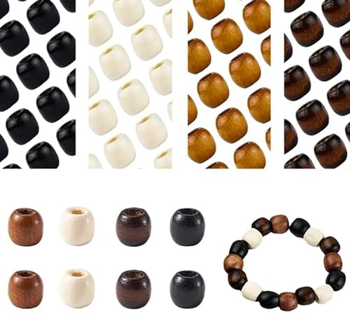 440 Stück Holzperlen mit großem Loch, 4 Farbe Holz Abstandsperlen 12x11mm Natürliche Ovale Holzperlen Holz Bastelperlen Retro Haar Perlen Braids für DIY Schmuck Herstellun Bastelarbeiten