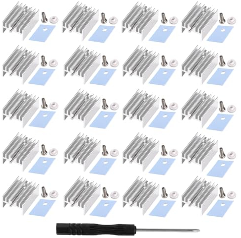 VooGenzek 20 PCS TO-220 Aluminum Heatsink & Insulator/Mounting Kits for MOSFET Transistor, TO-220 Heatsink with Needle + M3 Screw + Screw Washer + Insulator Rubberized Silicone, 20x15x10 mm