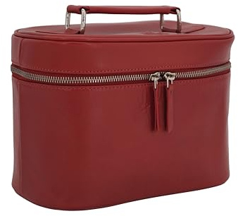 GERMANUS Handgemachte Kosmetiktasche Leonie, Kosmetikkoffer und Kulturtasche aus dickem Leder (Rot)