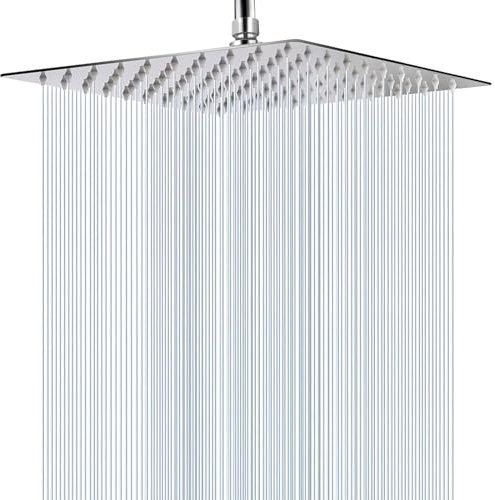 Rain Shower Head, WOOPHEN 12 High Flow Stainless Steel Square Rainfall ShowerHead, High Pressure Design, Awesome Shower Experience Even at Low Water Flow (Chrome)