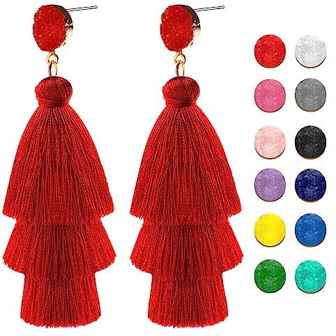 Quasten Anhänger Damen Rot,Boho Quasten Ohrringe,Boho Geschichtete Quastenfadenohrringe,Geschichtete Quastenohrringe,für Kostümzubehör,Geburtstagsgeschenk,Karneval,Partei