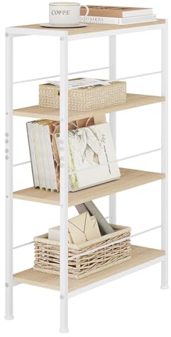 WOLTU Regal, Nischenregal mit 4 Ebenen, Küchenregal Gewürzregal stehend, Standregal Leiterregal schmal, für Küche Wohnzimmer, Holzwerkstoff Metall, Weiß Helle Eiche, 50x78x20 cm, RGB52whe